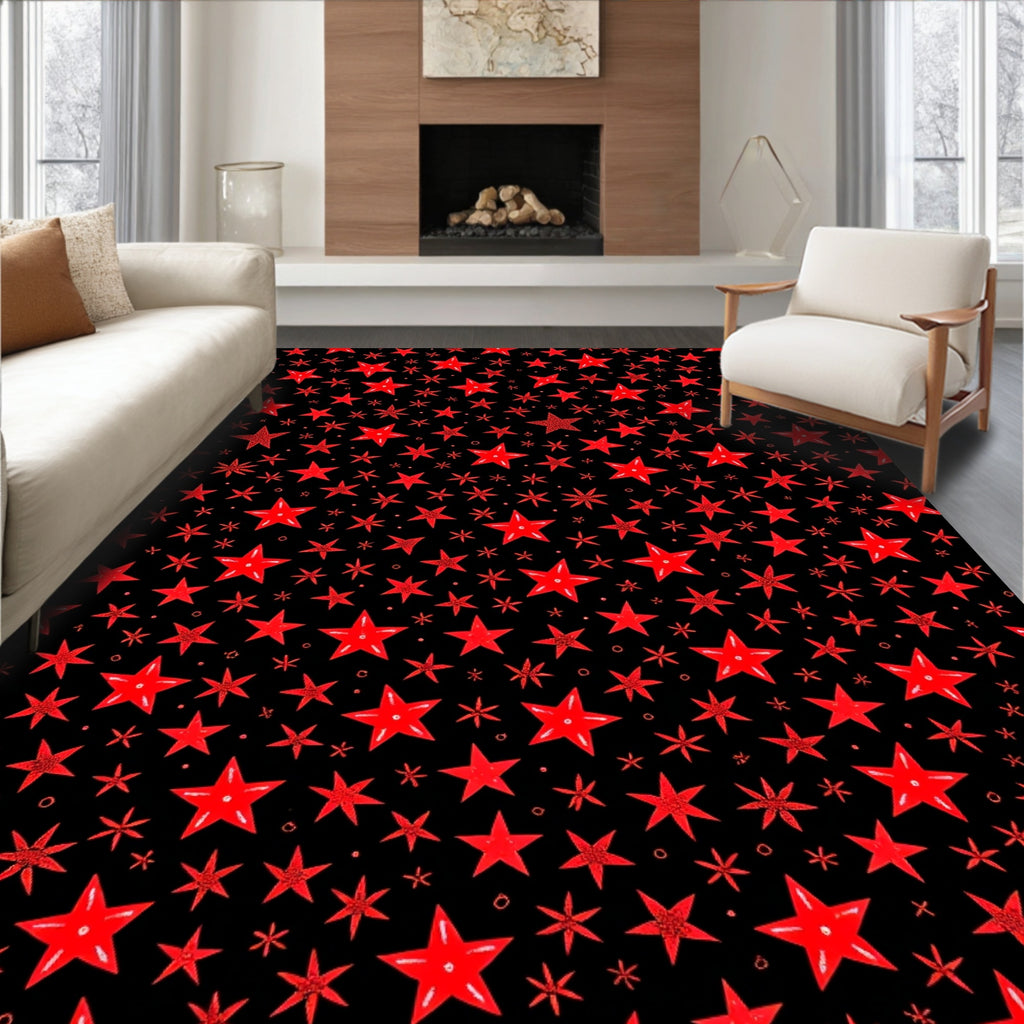 Red Star Scattered Black Background Rug