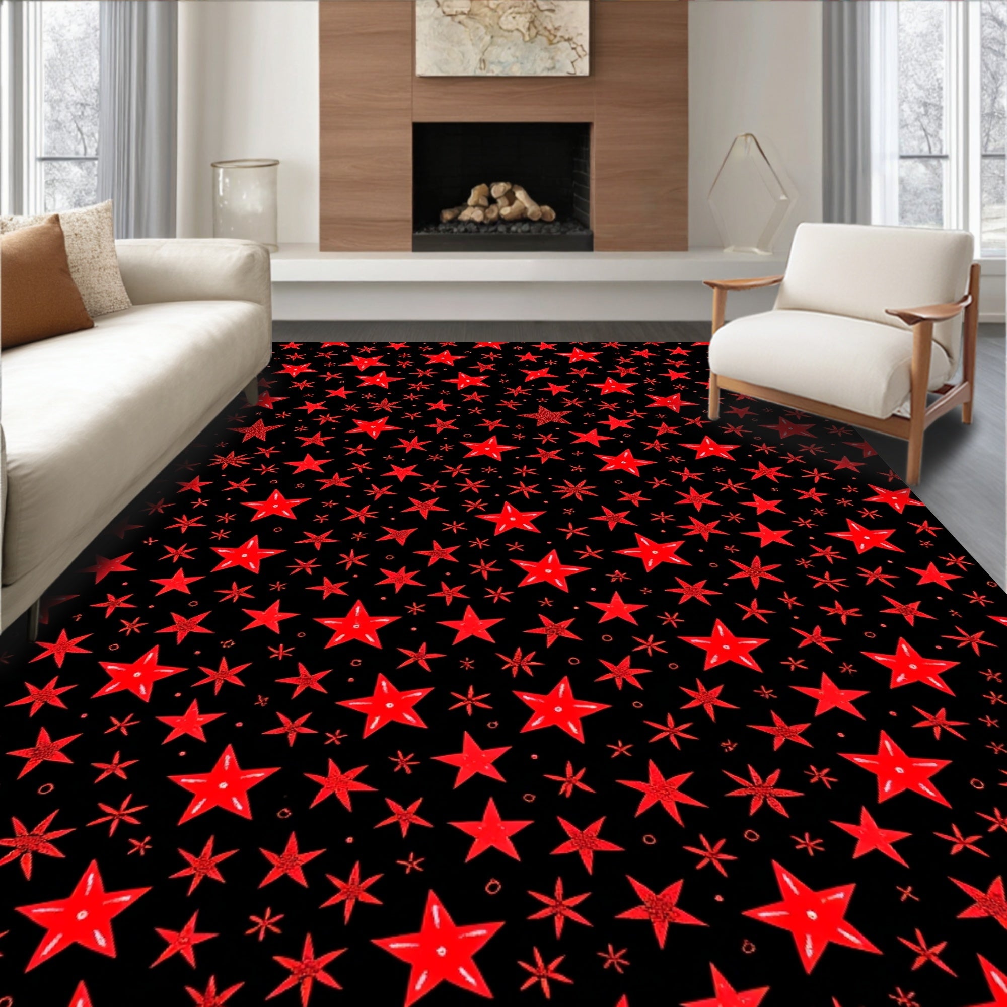 Red Star Scattered Black Background Rug