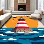 Coastal Red White Stripes Lighthouse Scene Rug