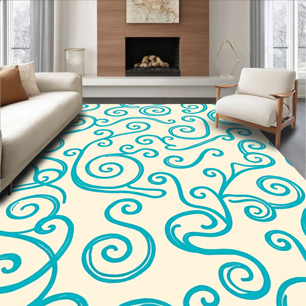 Teal Swirls Cream Background Rug
