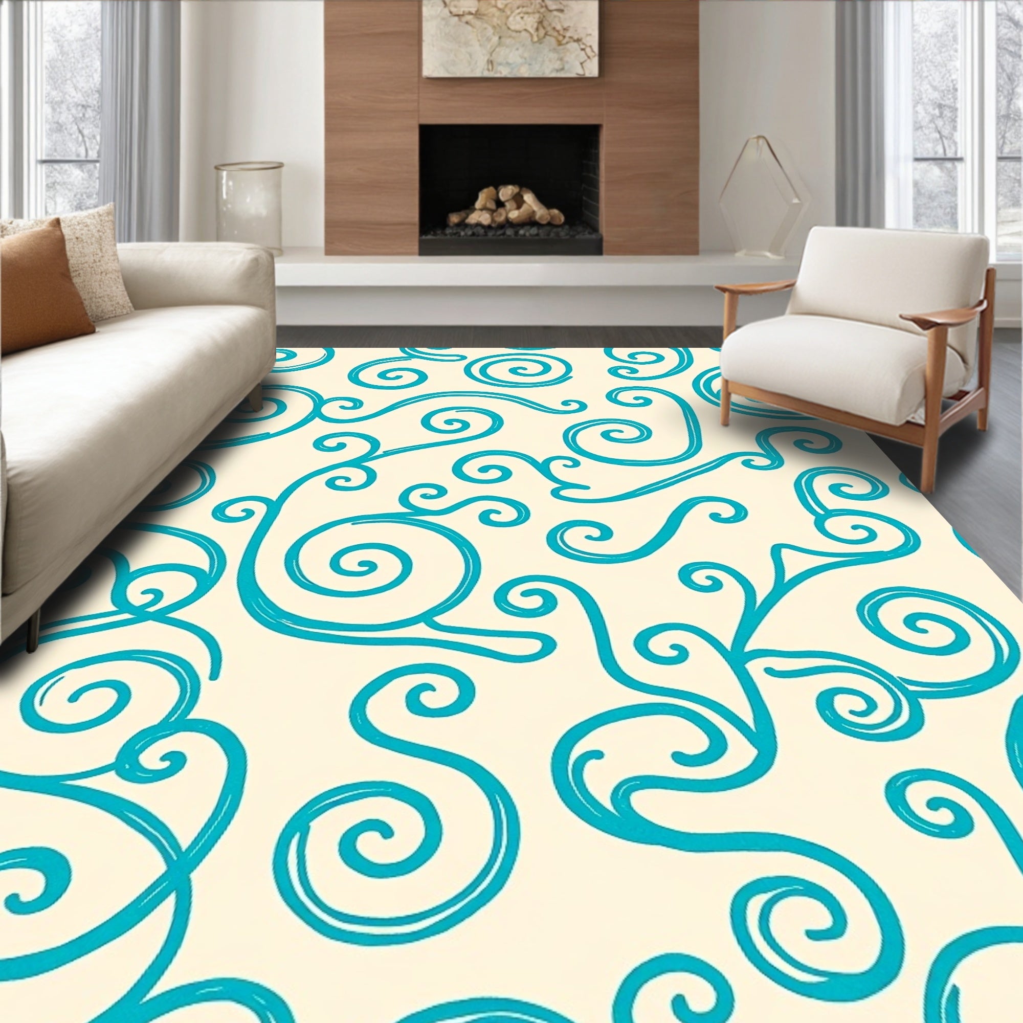 Teal Swirls Cream Background Rug