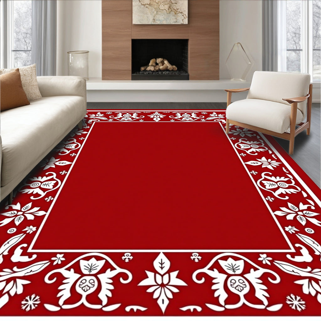 Crimson White Floral Border Accent Rug