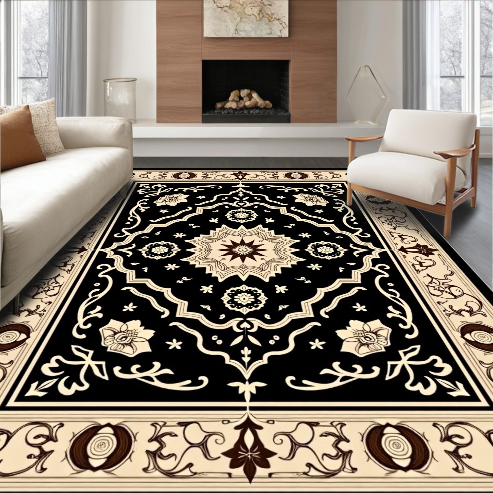 Black and Tan Floral Medallion Rug