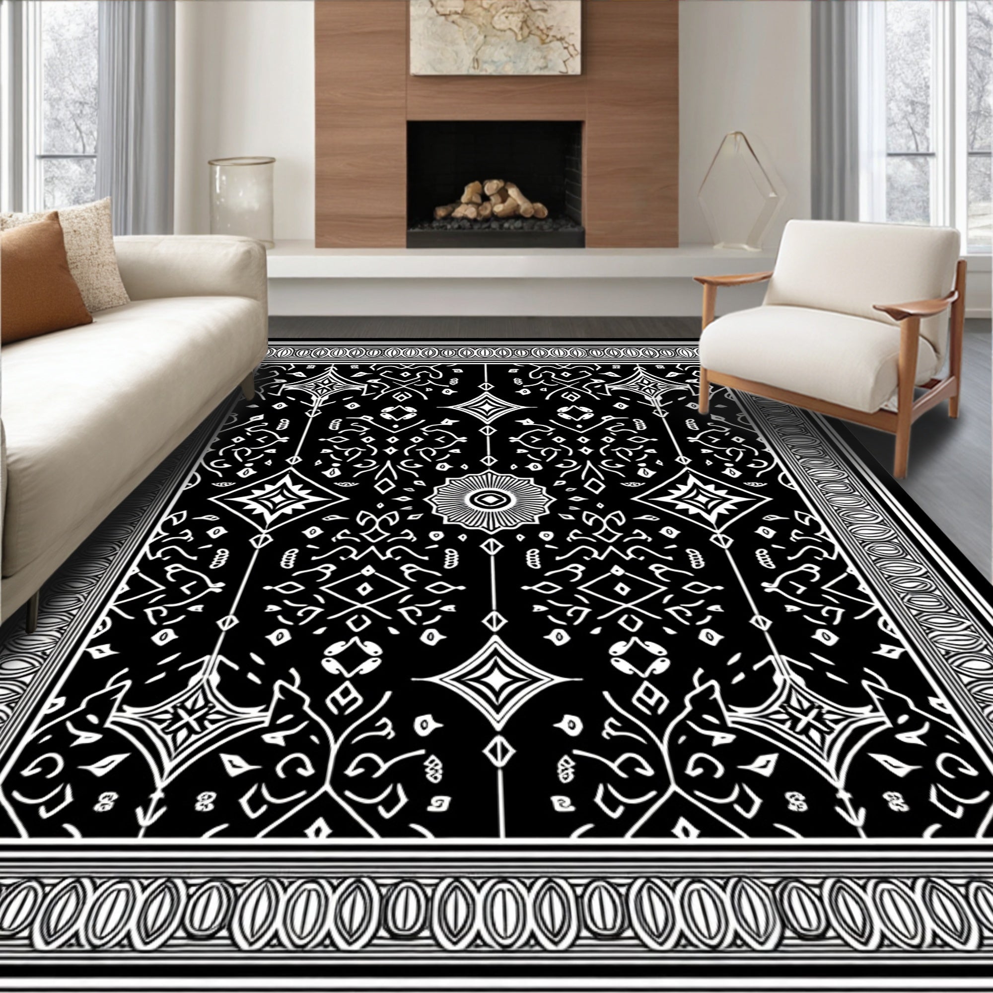 Black White Ornamental Diamond Medallion Rug