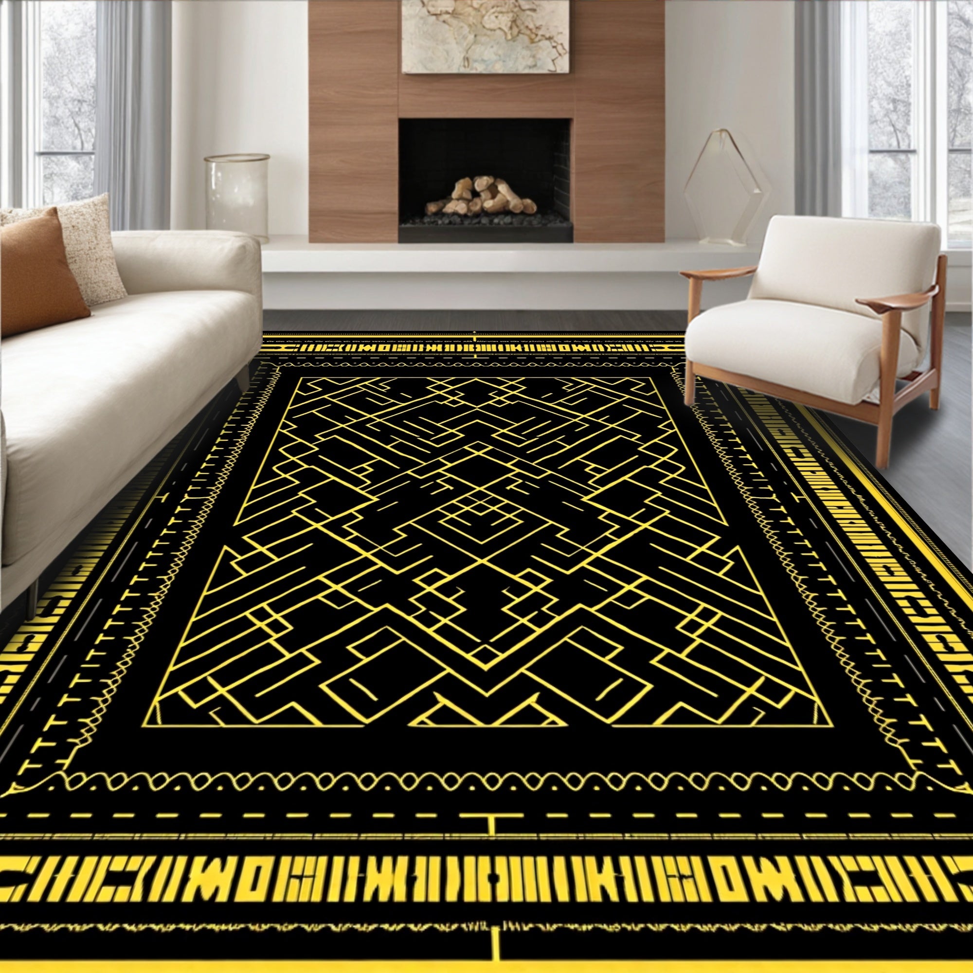 Yellow Geometric Interlocking Lines Rug