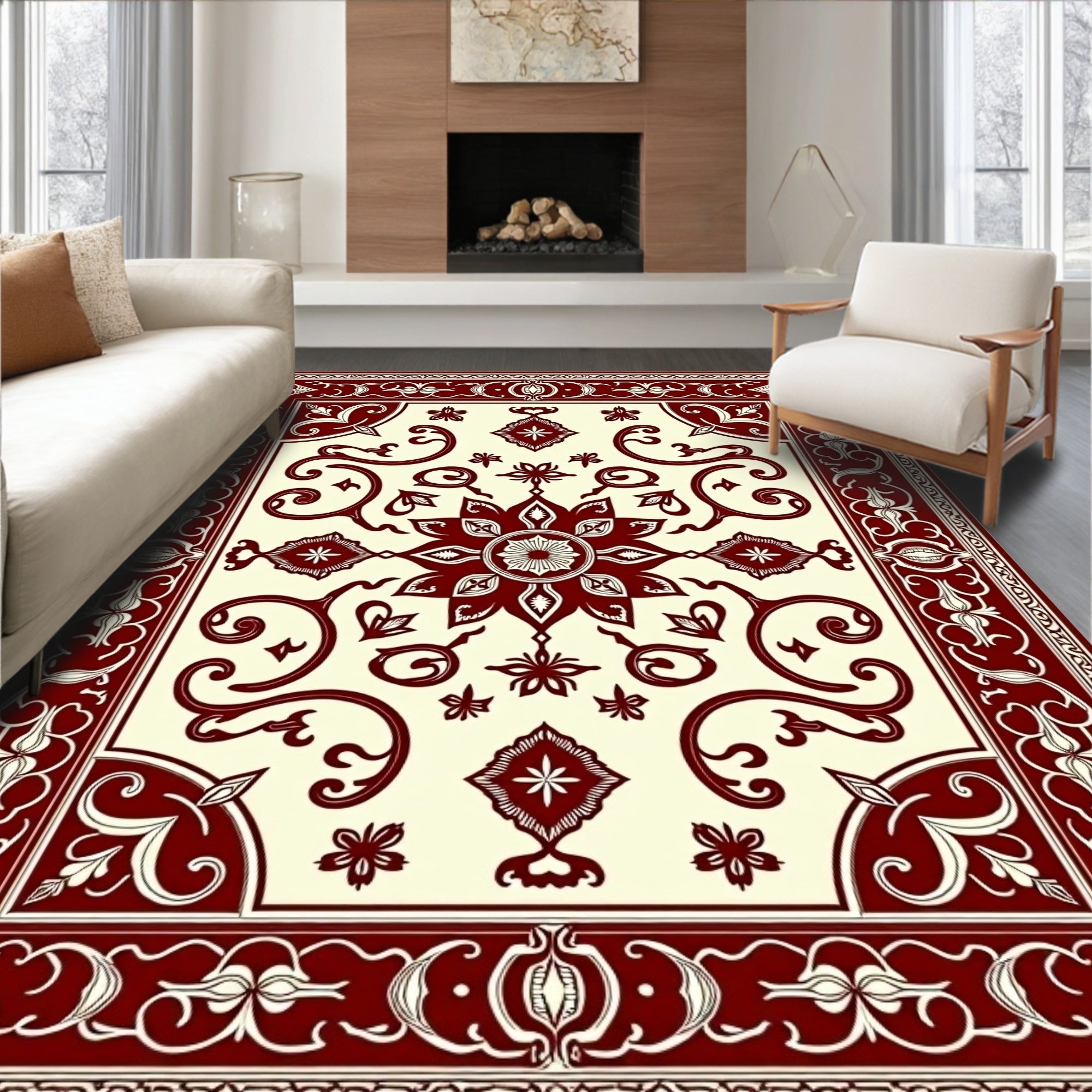 Crimson Floral Scrollwork Medallion Accent Rug