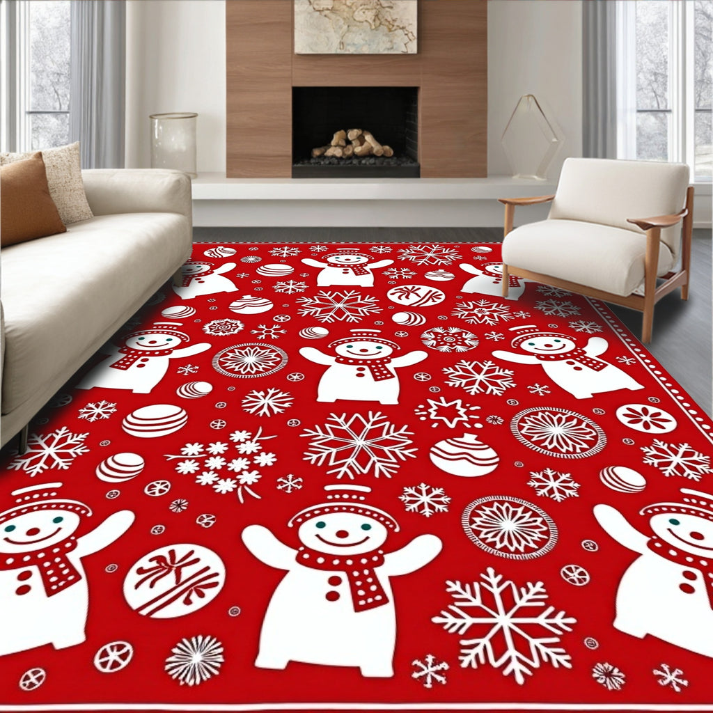 Merry Snowman Snowflake Red Whimsy Rug