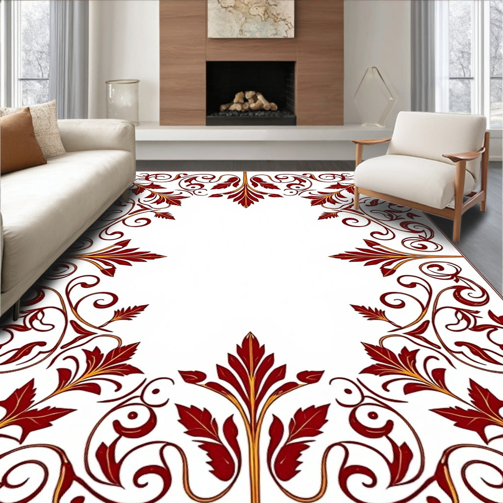 Dark Red Leaf Scroll Vine Border Rug
