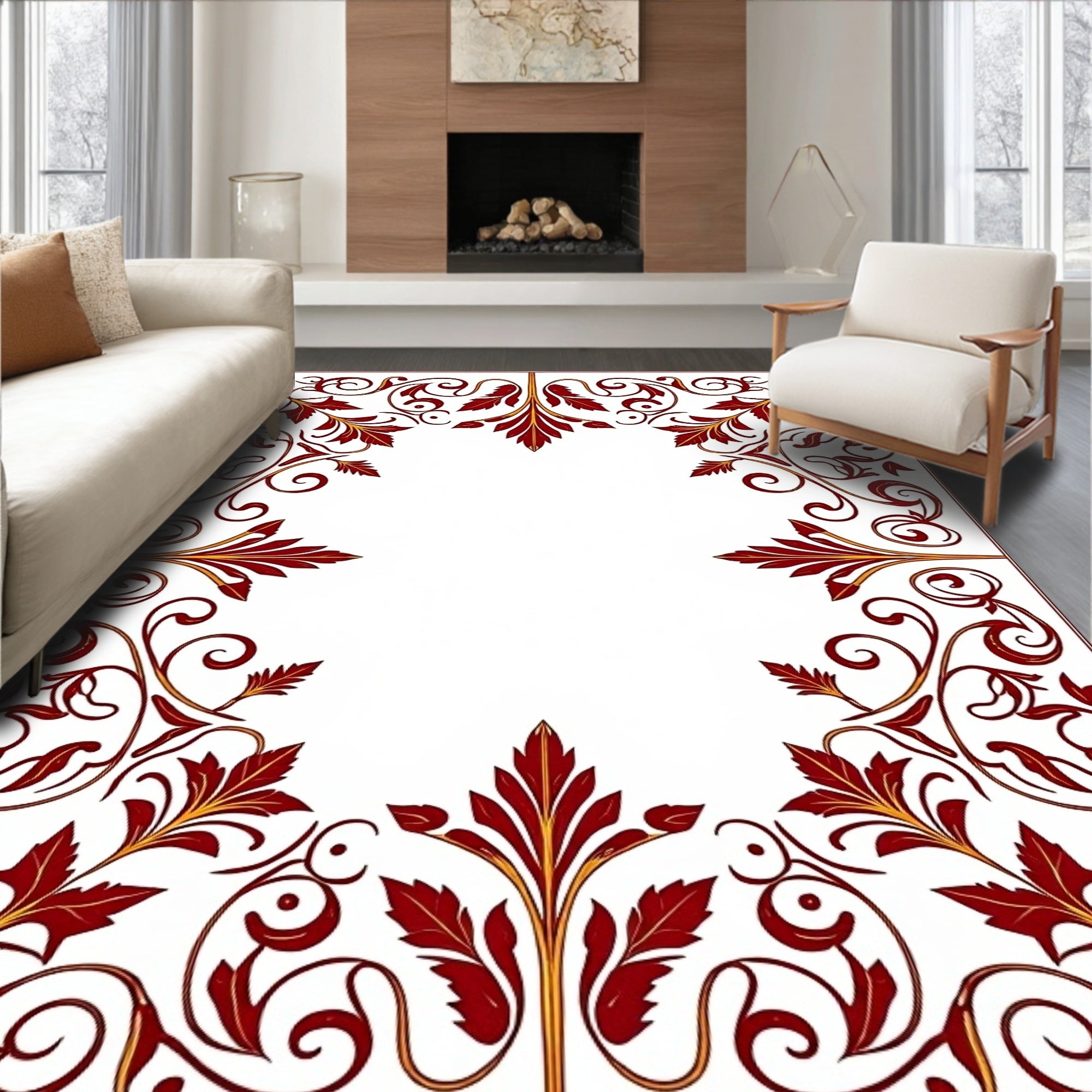 Dark Red Leaf Scroll Vine Border Rug