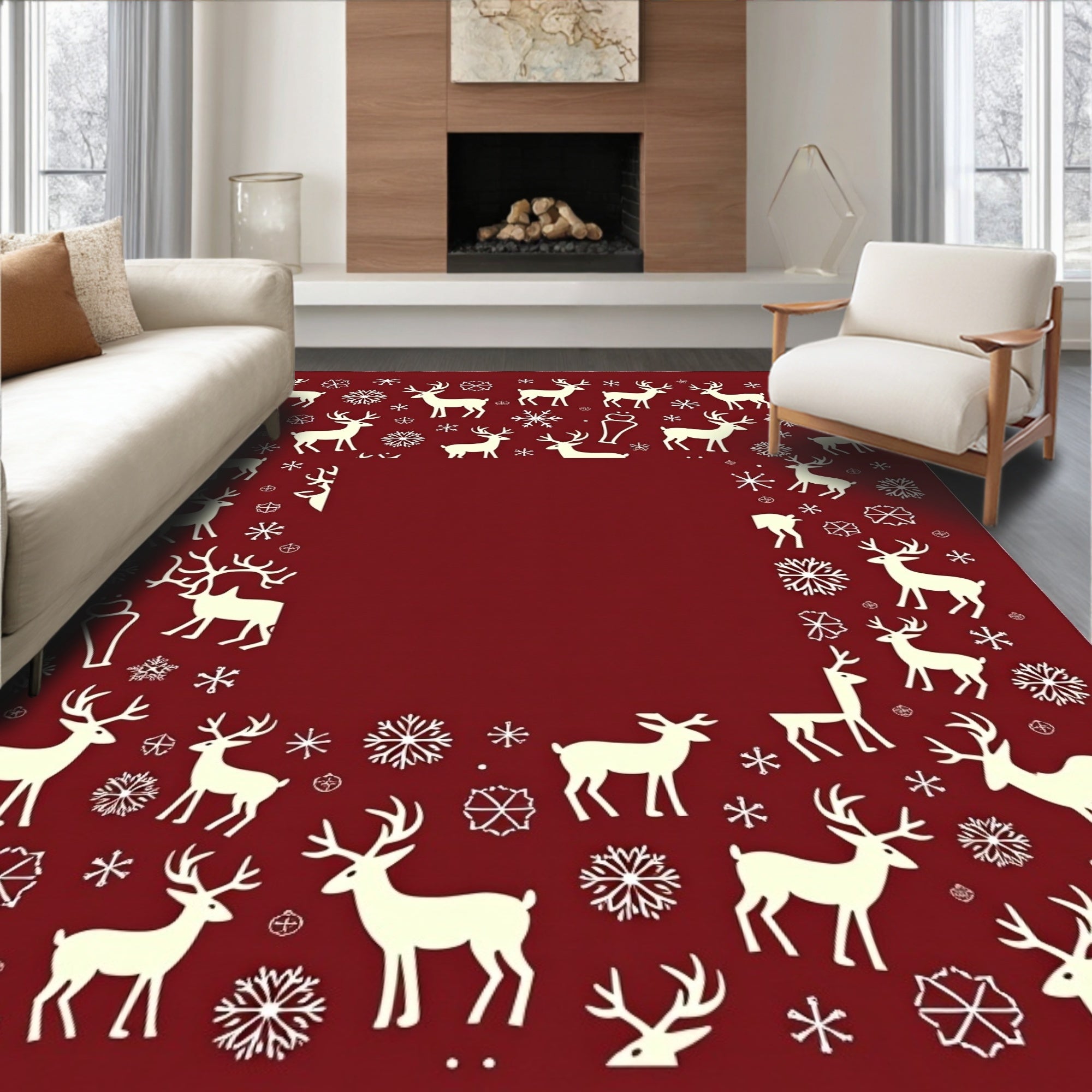 Crimson Reindeer Snowflake Border Rug