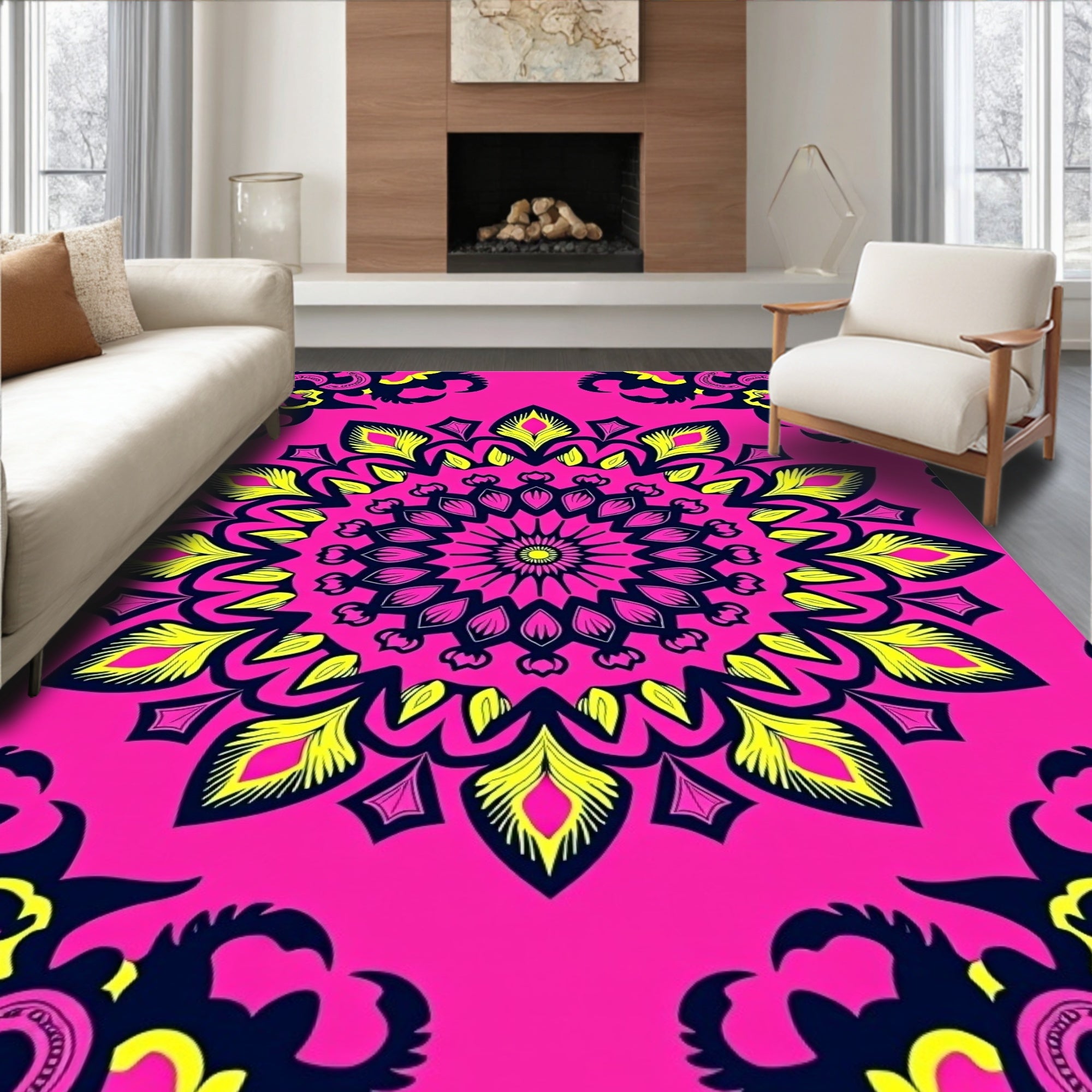 Vibrant Pink Yellow Sunburst Mandala Rug