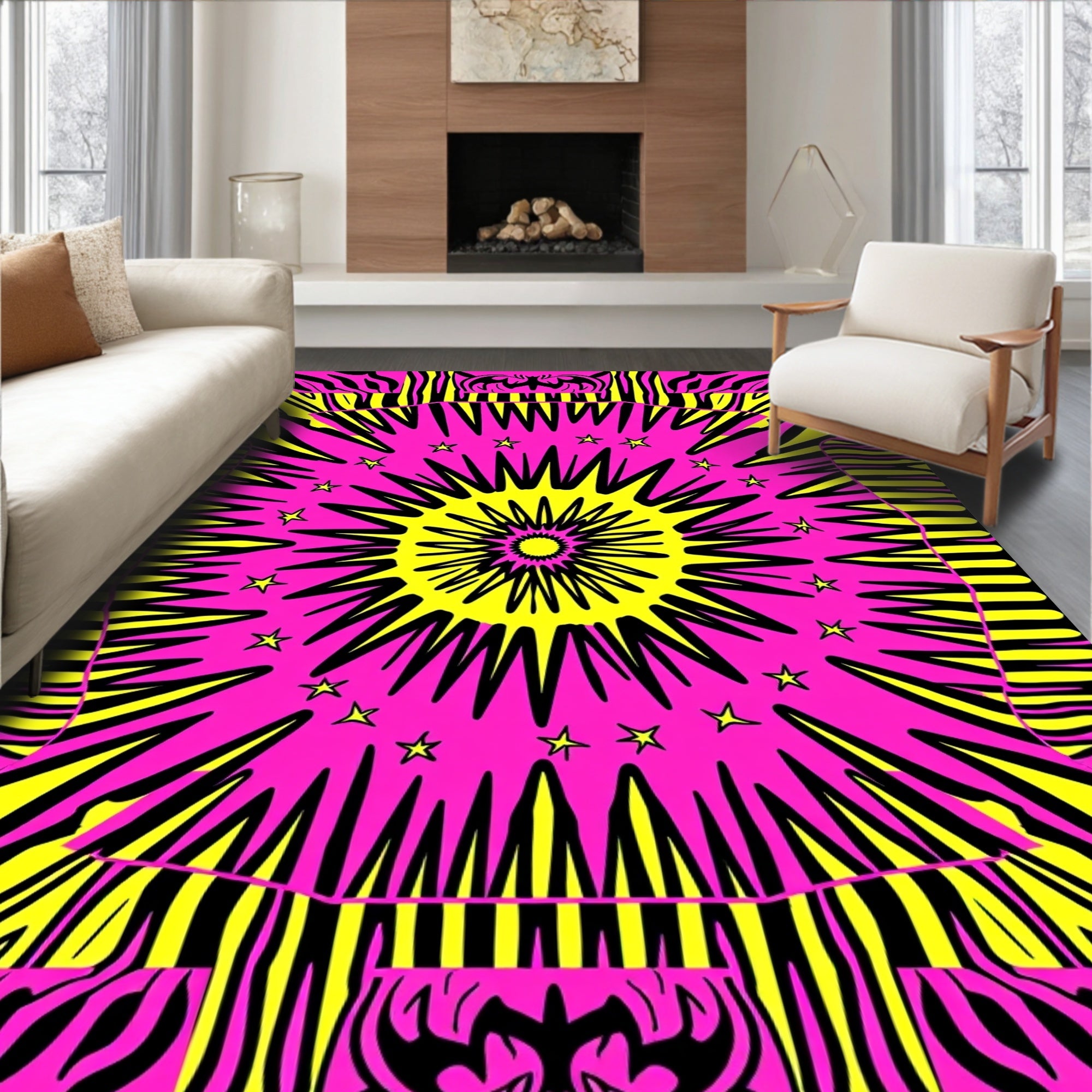 Hot Pink Yellow Burst Star Rug