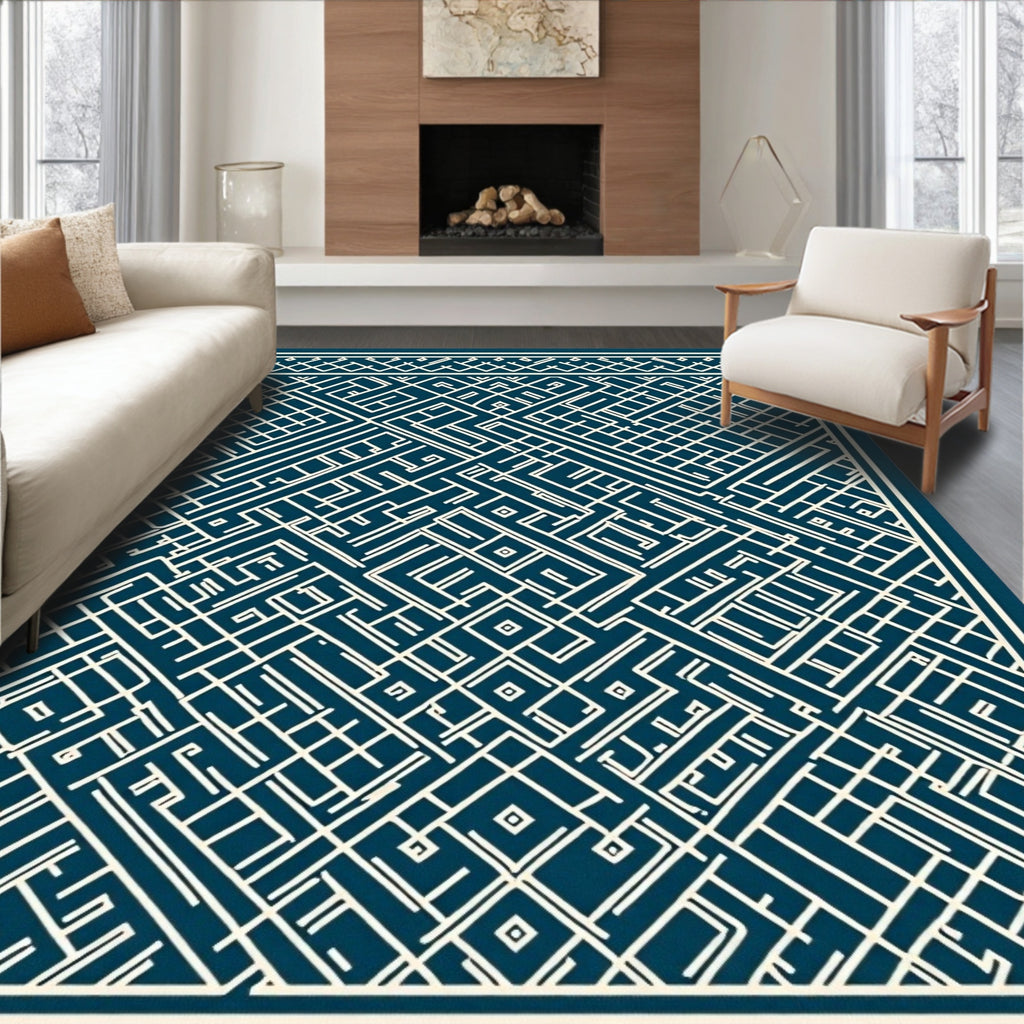 Deep Blue Geometric Maze Labyrinth Rug