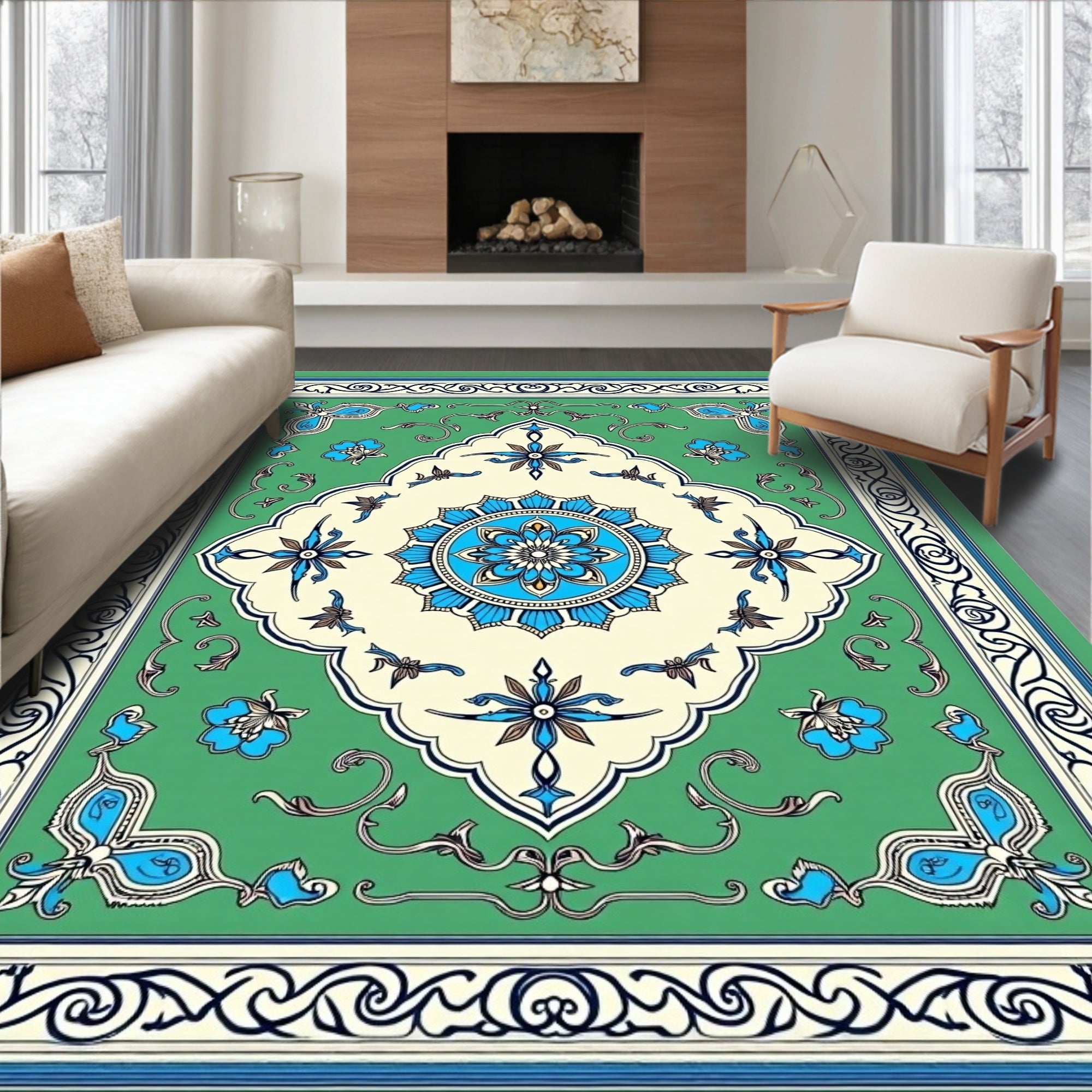 Green Blue Cream Floral Medallion Frame Rug
