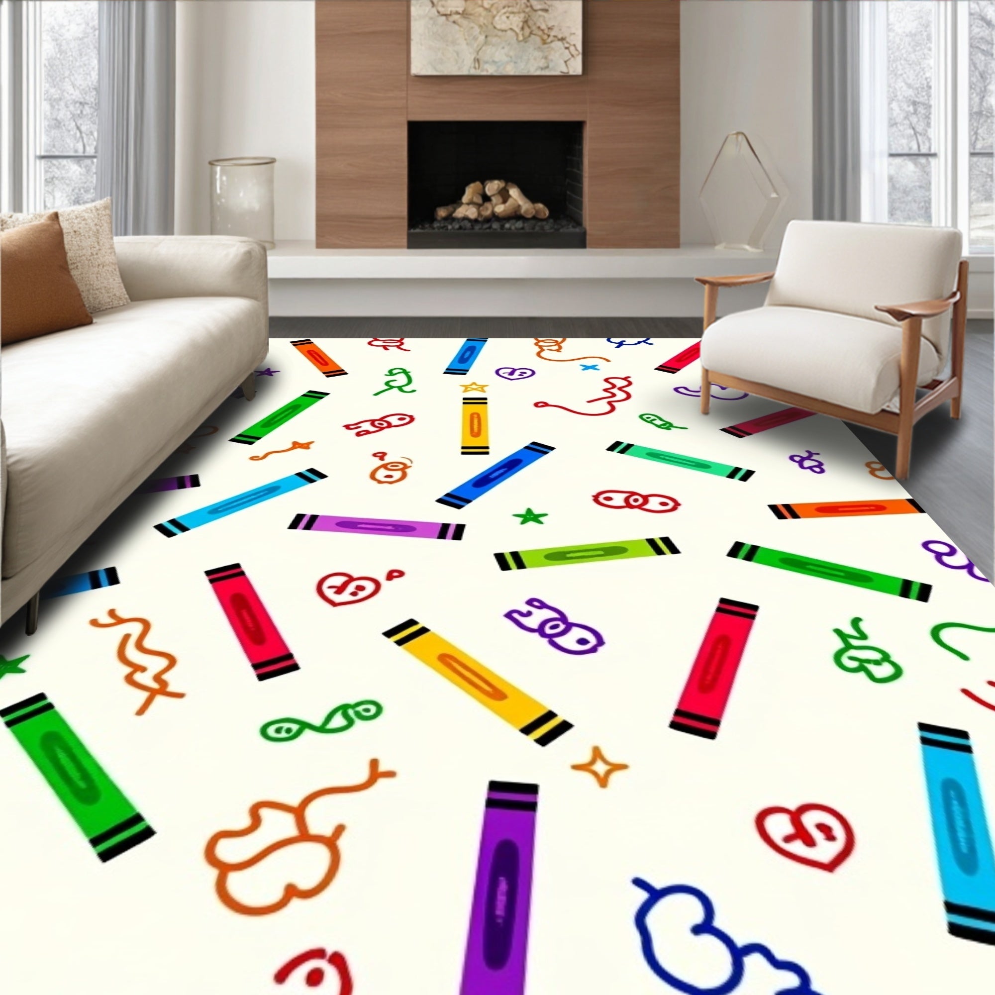 Rainbow Crayons Whimsical Doodle Rug
