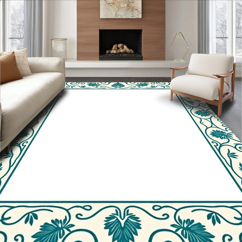 Cream Teal Floral Vine Border Rug