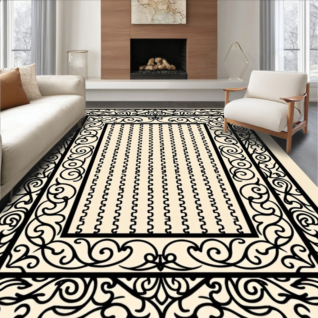 Black Ivory Ornate Scroll Border Rug