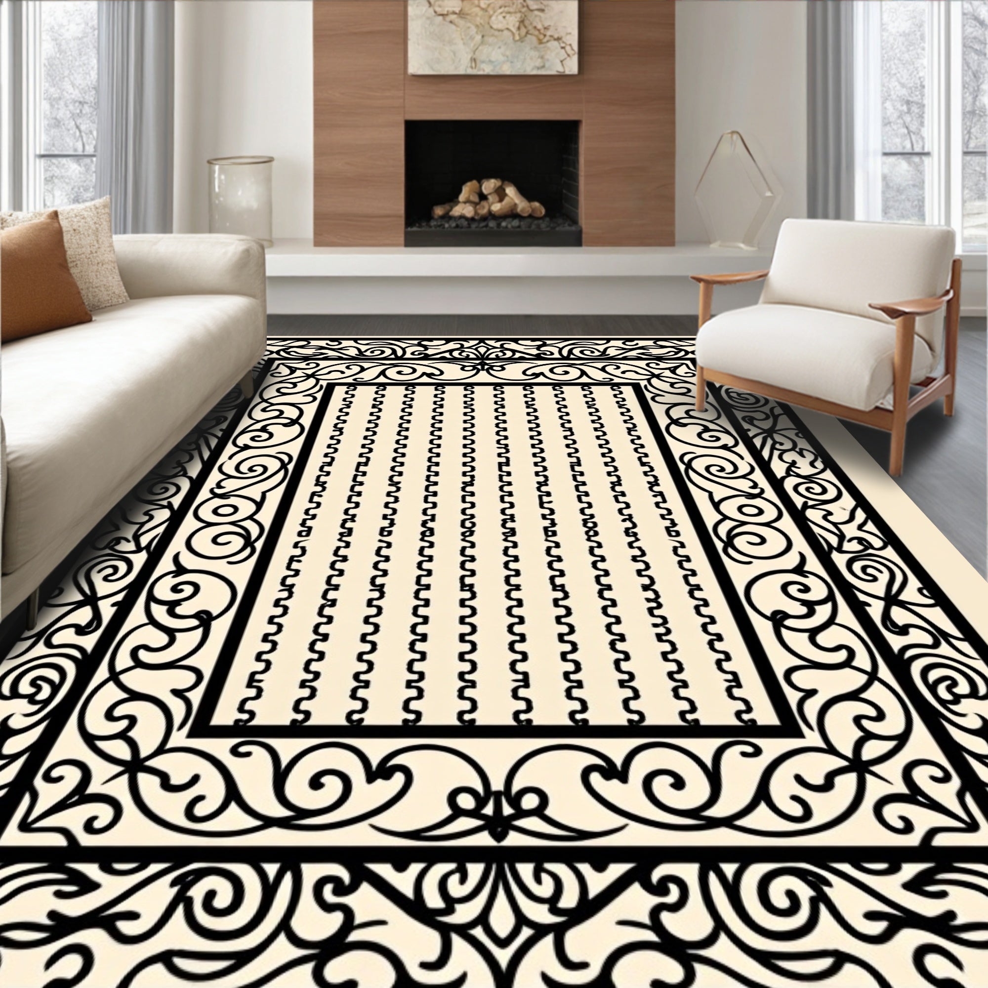 Black Ivory Ornate Scroll Border Rug