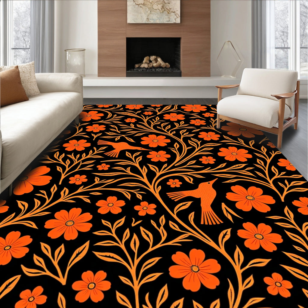 Vibrant Orange Bird Floral Scroll Rug