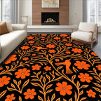 Vibrant Orange Bird Floral Scroll Rug