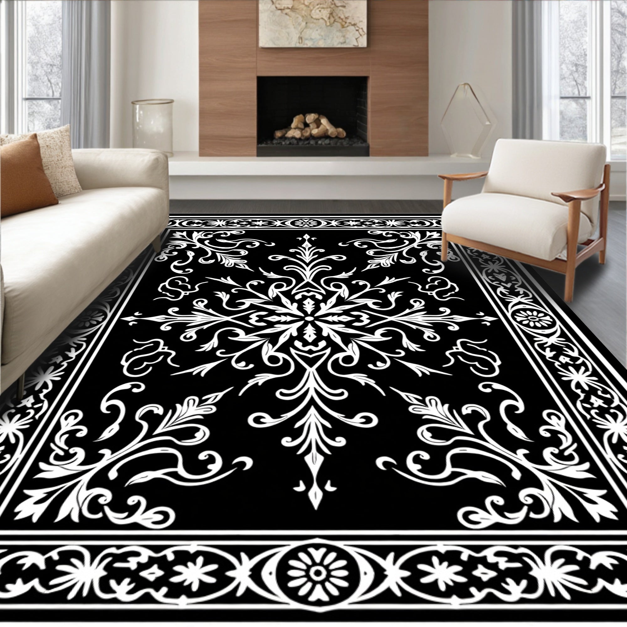 Ornate Black White Floral Medallion Rug