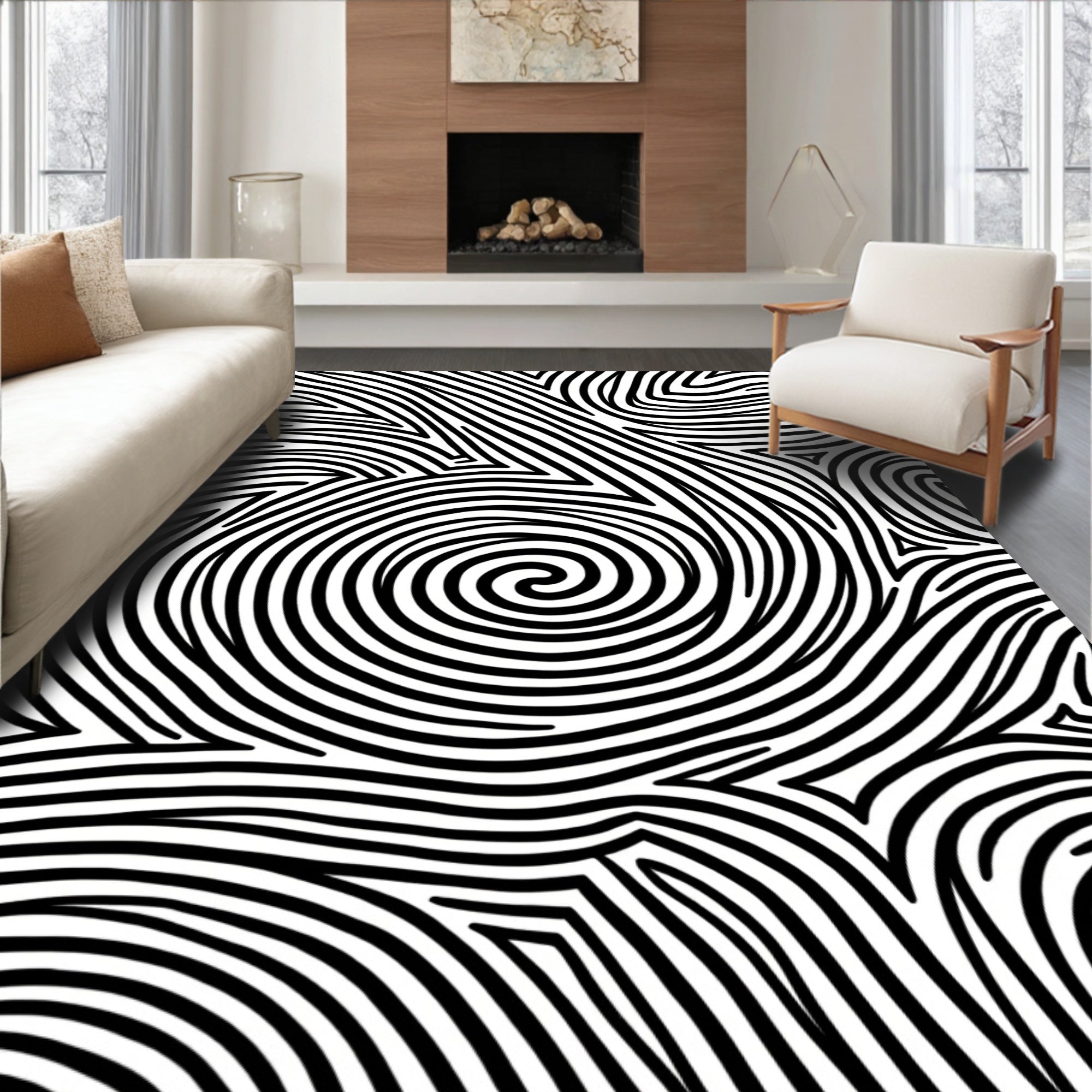 Monochromatic Swirling Labyrinth Lines Rug