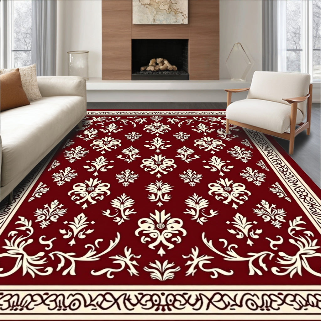 Crimson Ivory Floral Damask Rug