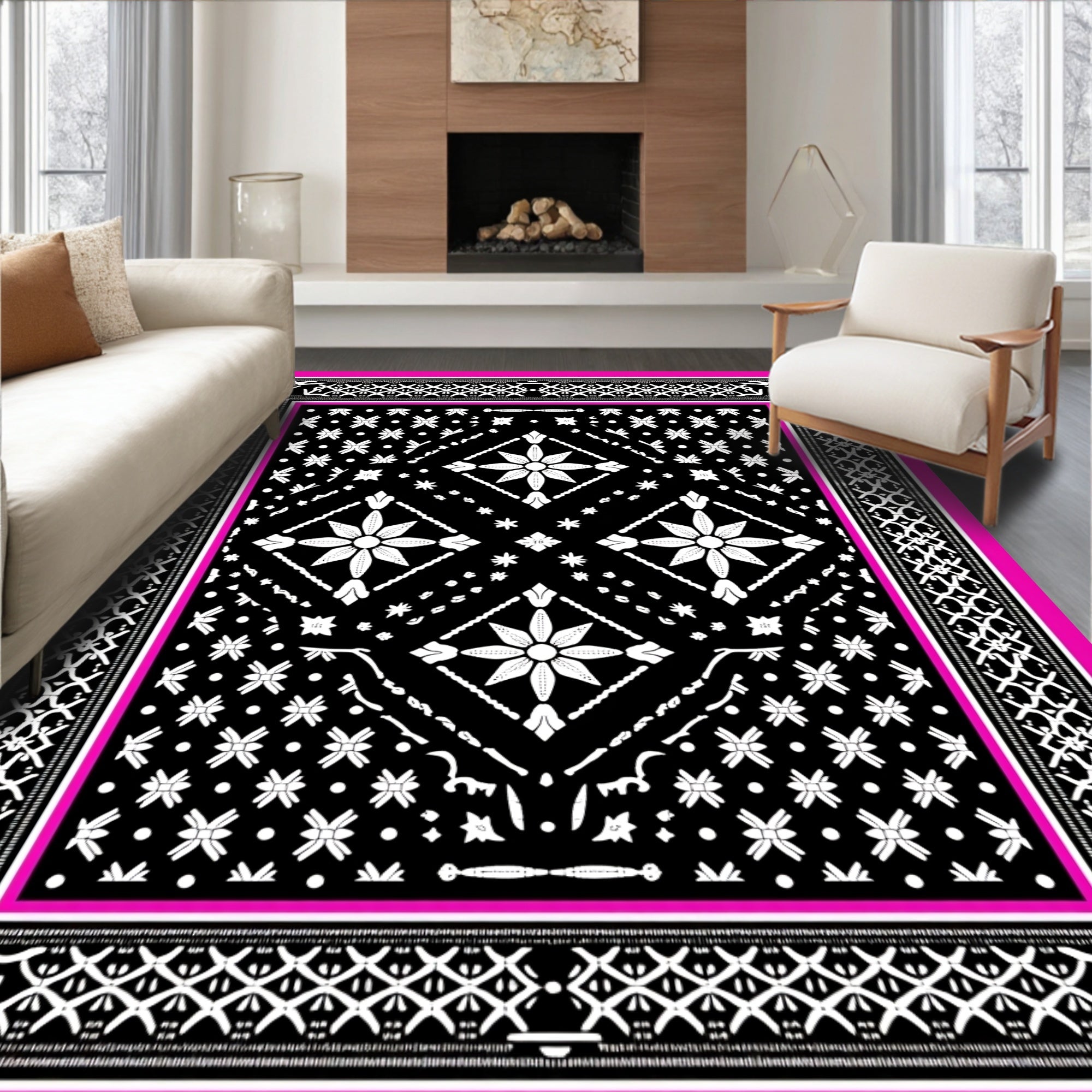 Black White Floral Diamond Border Rug