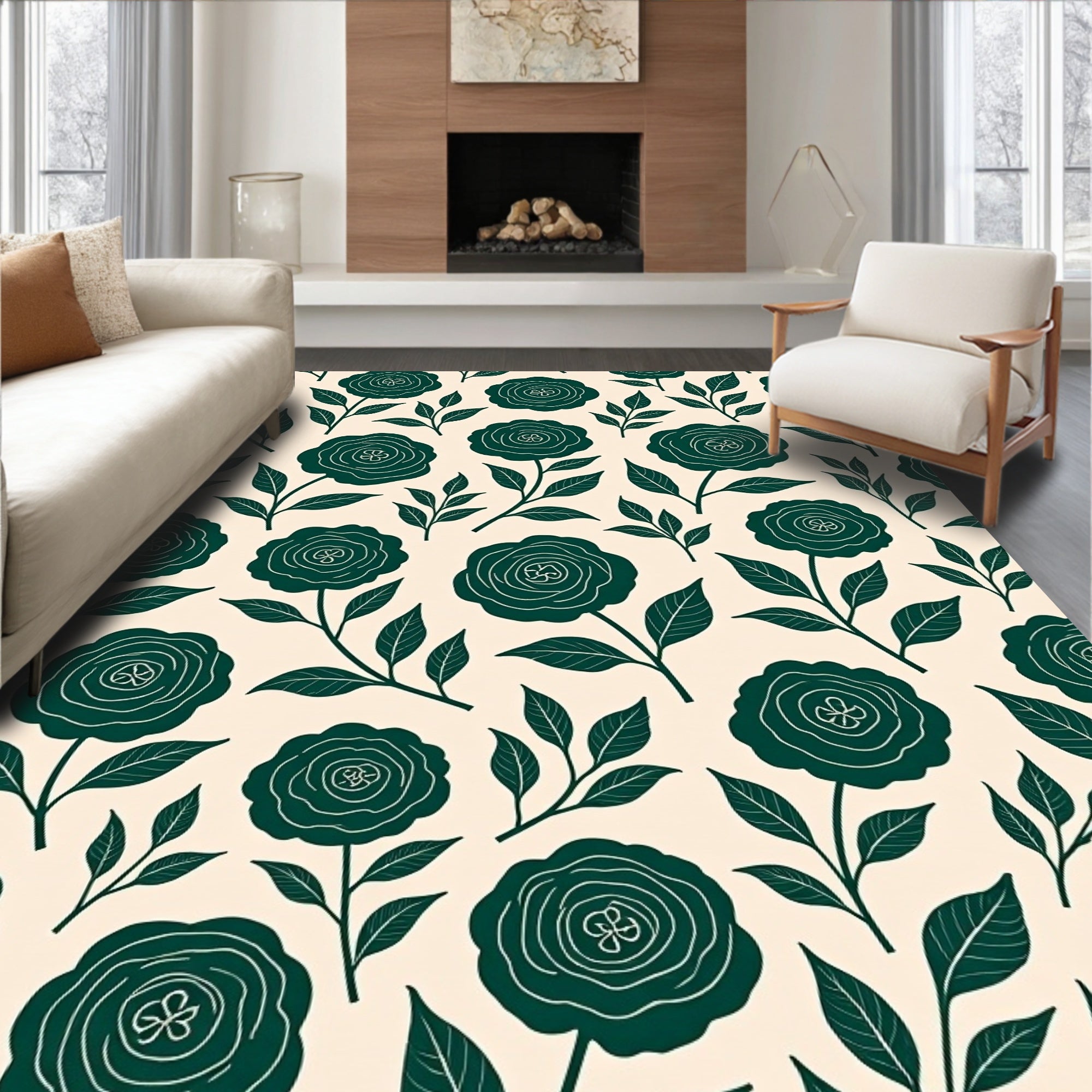 Deep Teal Blooming Rose Botanical Rug