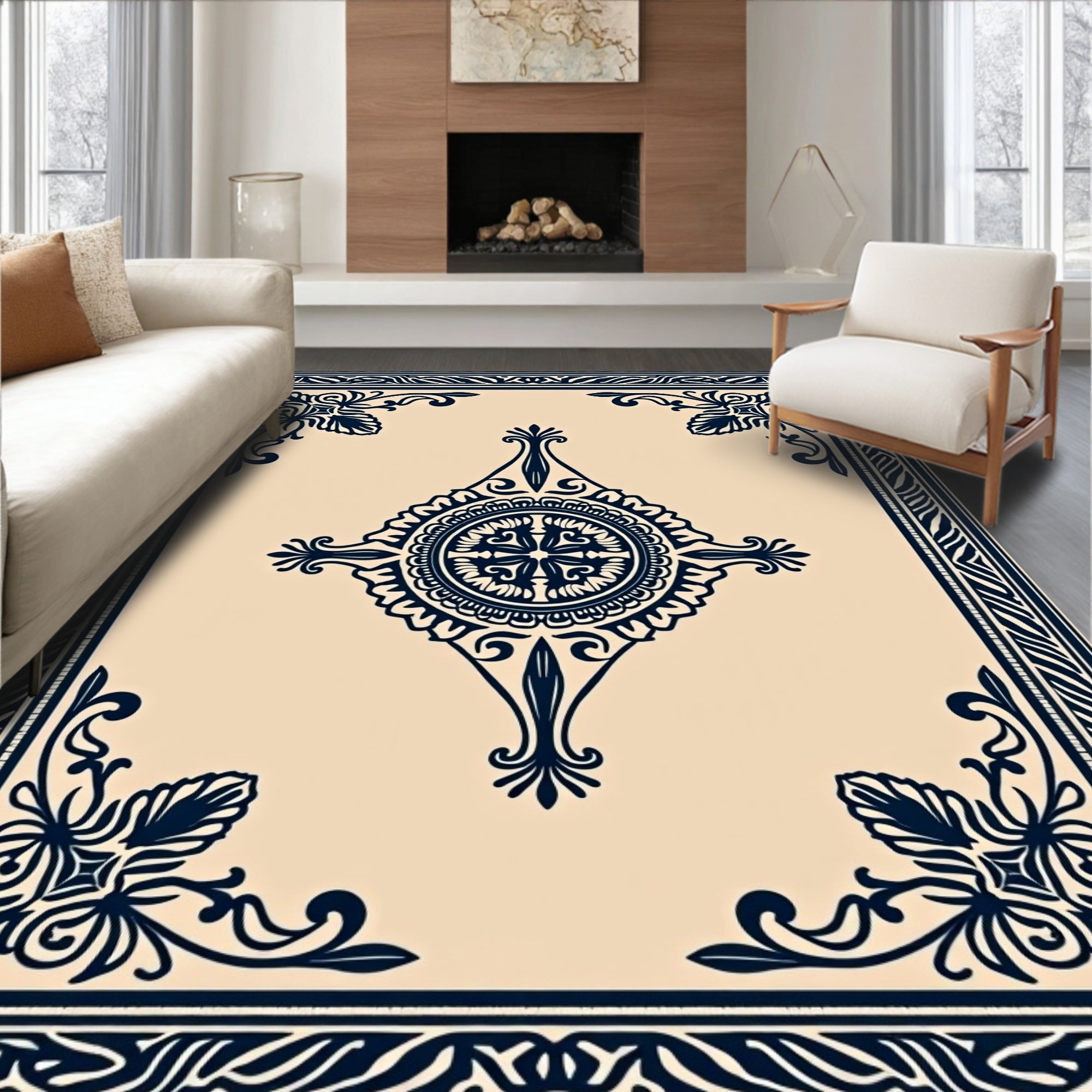 Cream Navy Medallion Border Rug
