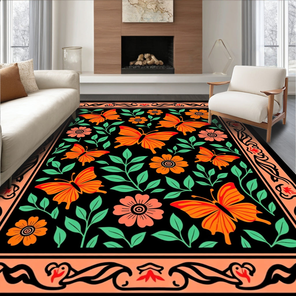 Vibrant Orange Butterfly Floral Border Rug