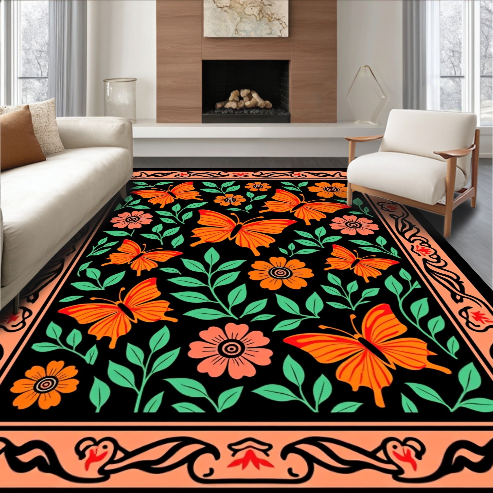 Vibrant Orange Butterfly Floral Border Rug