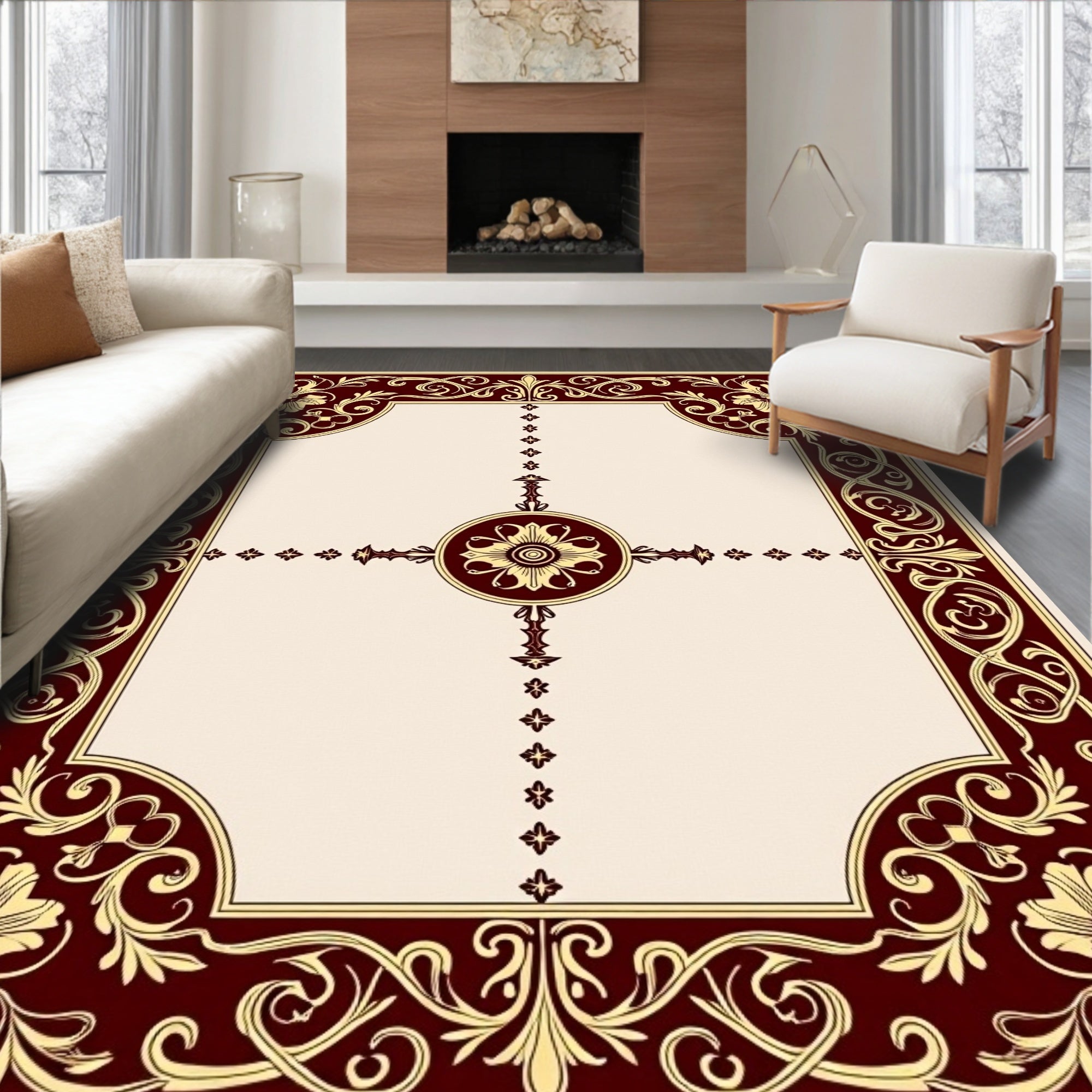 Rich Burgundy Golden Floral Medallion Rug