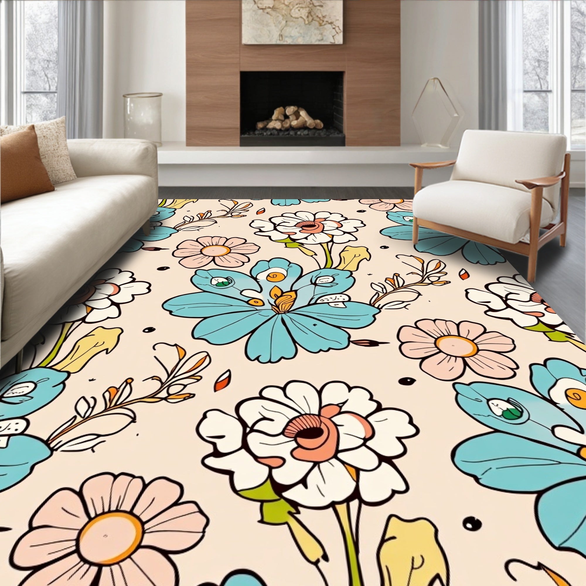 Pastel Daisy Floral Illustration Rug