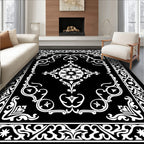 Elegant Black White Ornamental Bloom Rug
