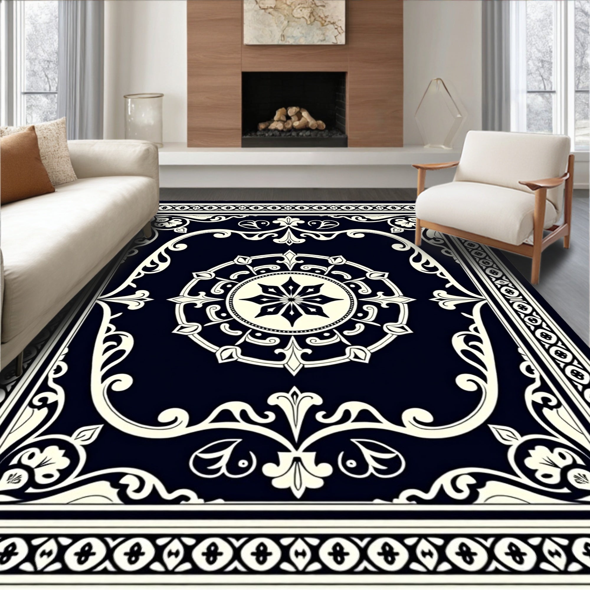 Classic Black Cream Floral Medallion Border Rug