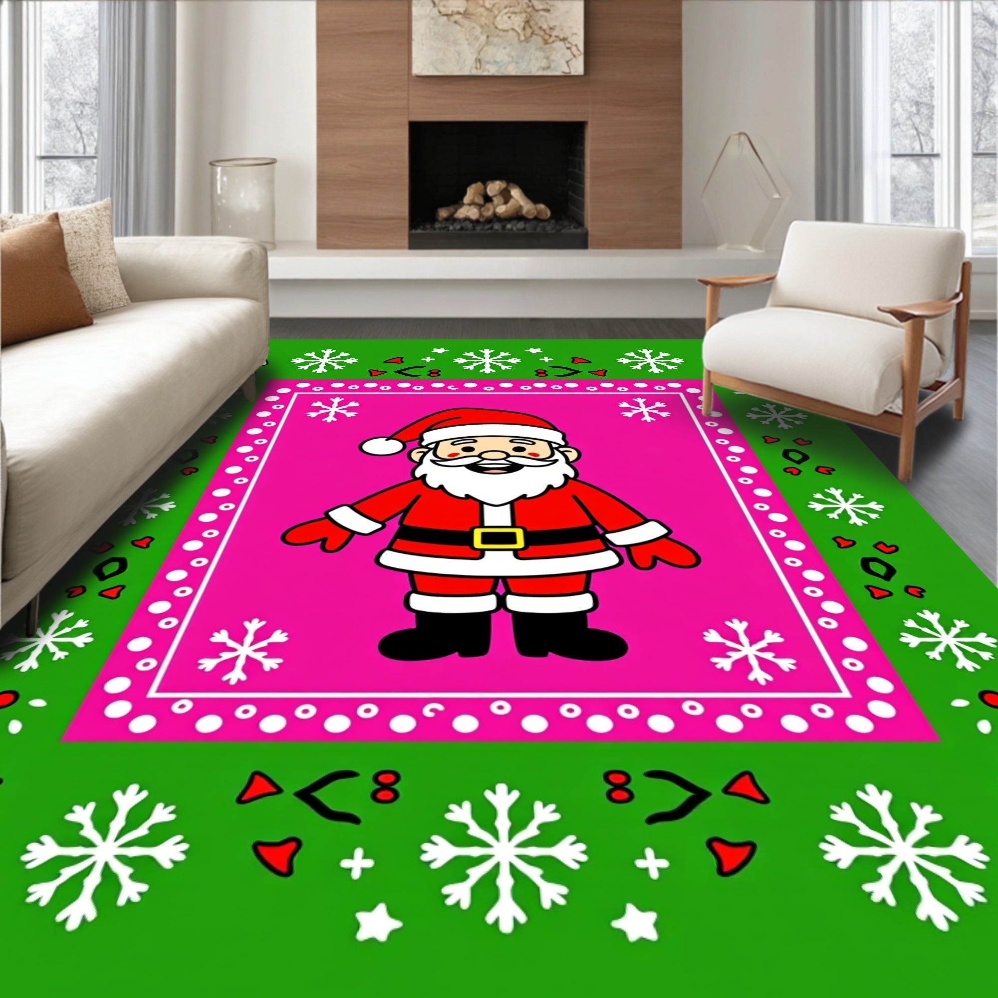 Vibrant Pink Festive Santa Snowflakes Rug