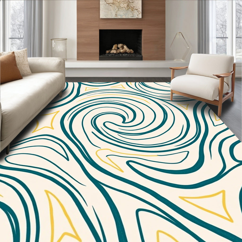 Teal Yellow Swirl Abstract Line Rug