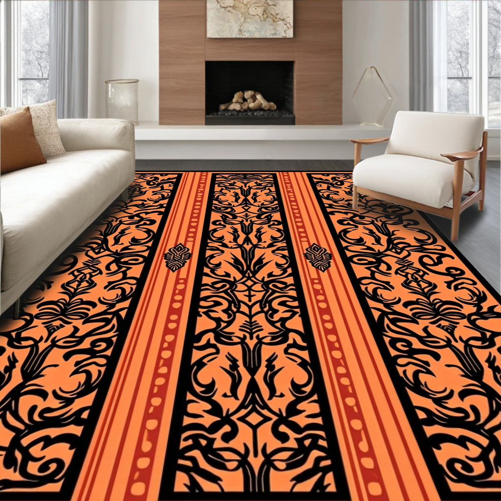 Orange Black Bold Floral Vertical Art Rug