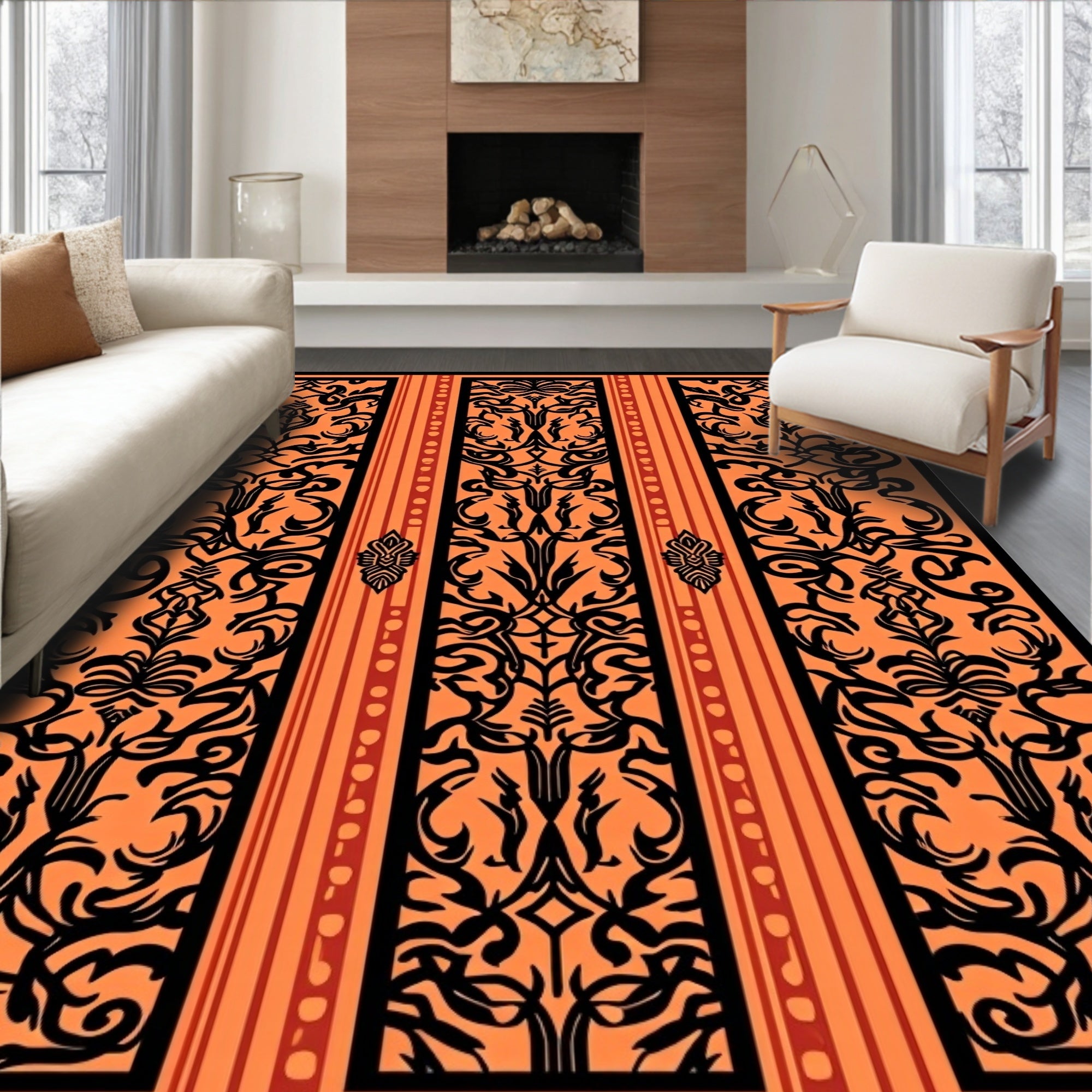 Orange Black Bold Floral Vertical Art Rug