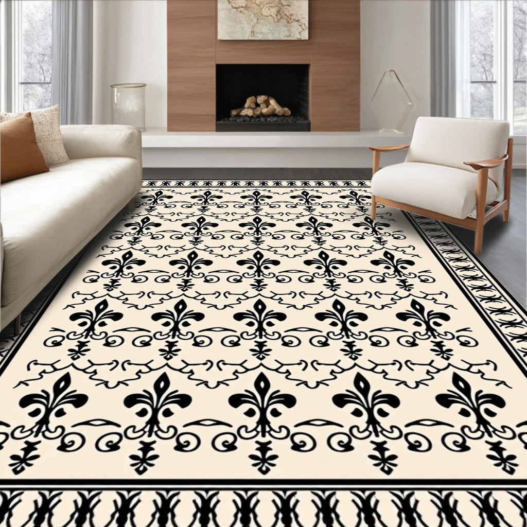 Black Fleur de Lis Cream Border Rug
