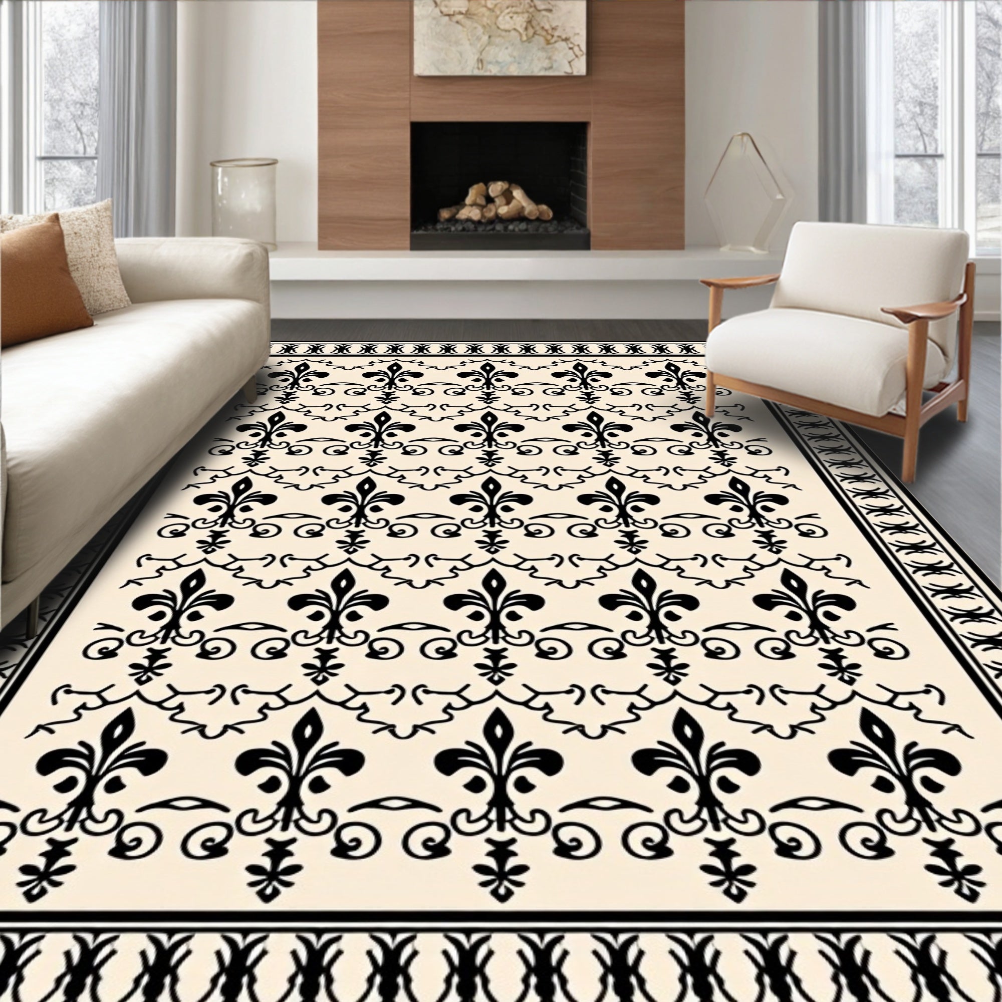 Black Fleur de Lis Cream Border Rug