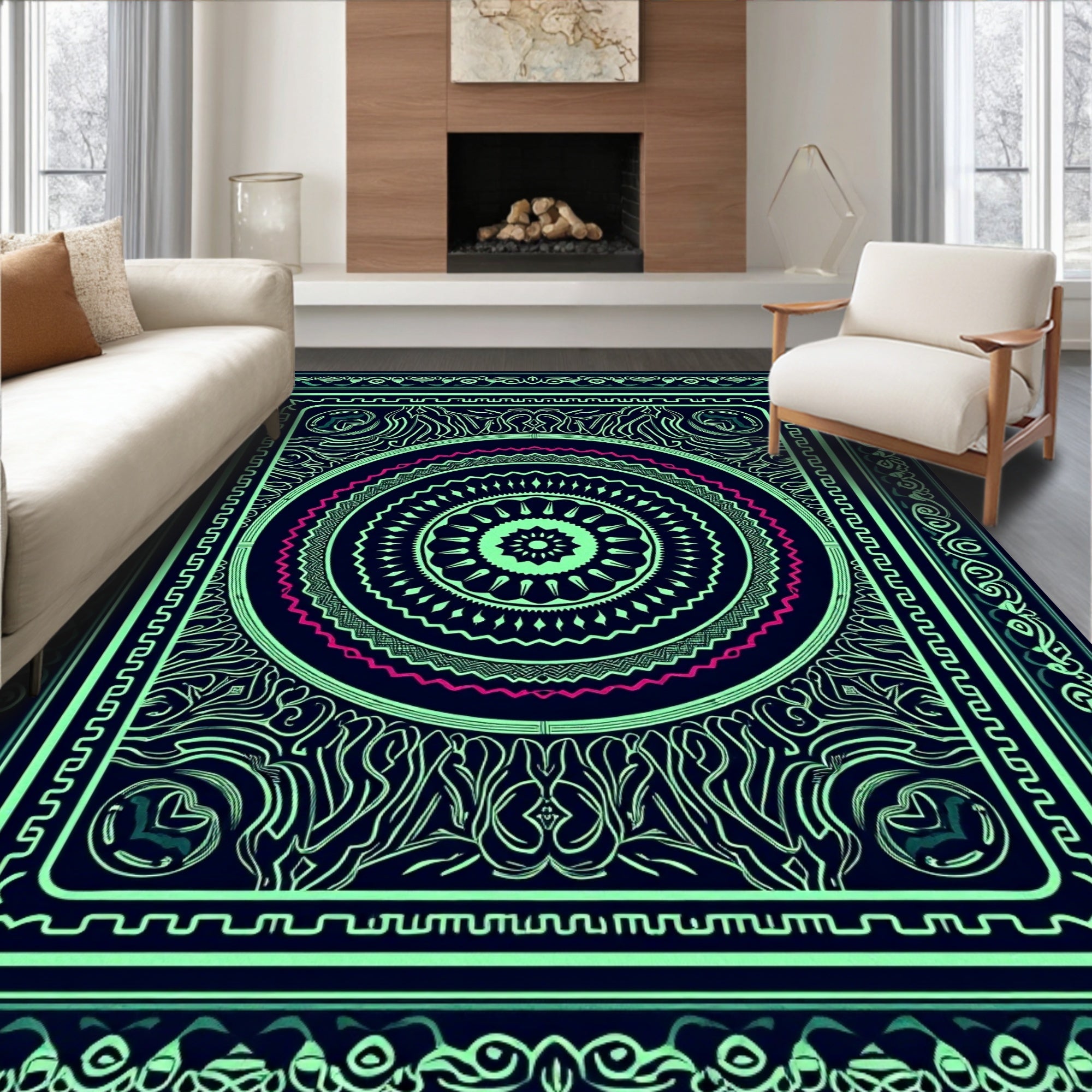 Vibrant Mint Medallion Geometric Border Rug