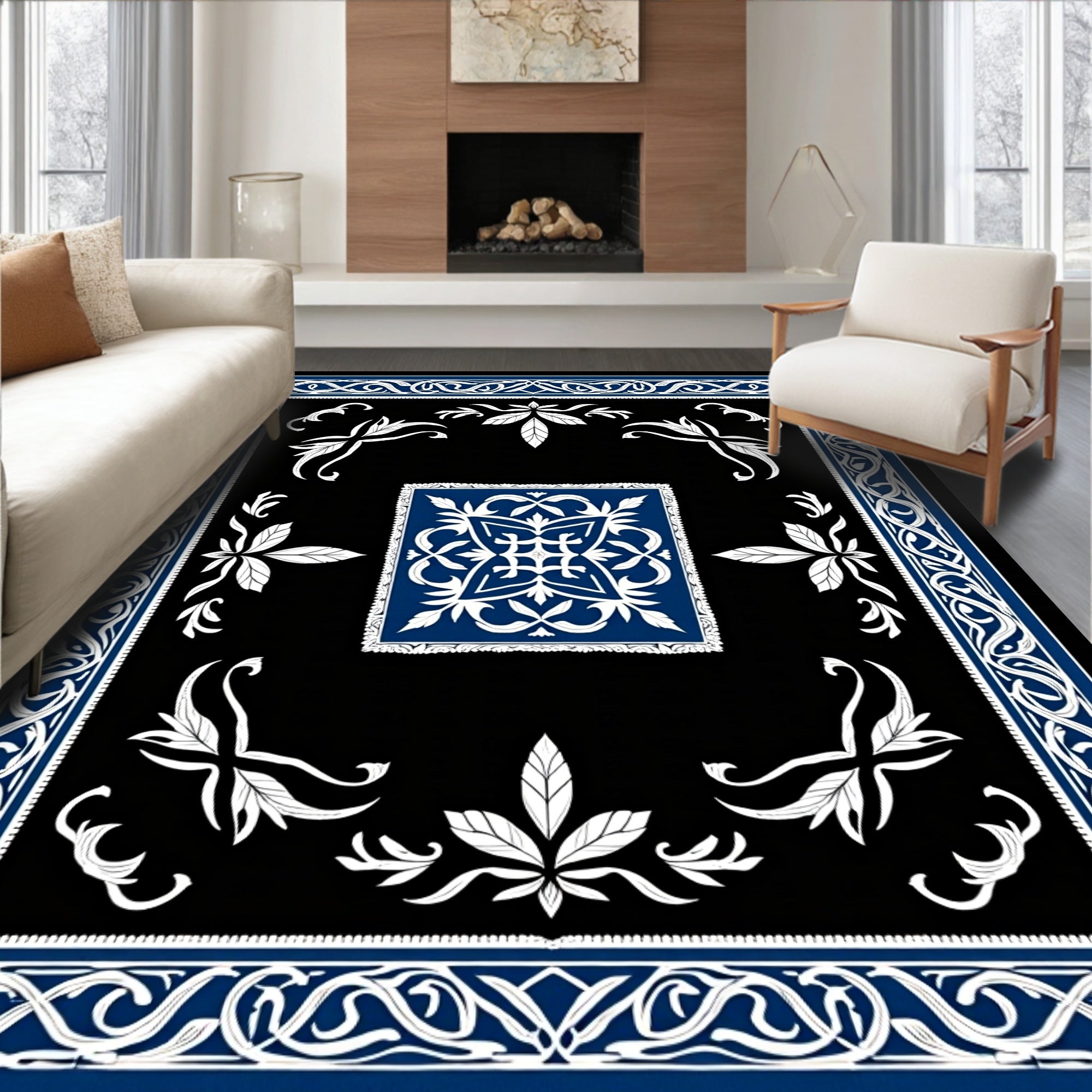 Ornate Blue White Black Medallion Rug