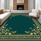 Ornate Teal Golden Leaf Border Rug
