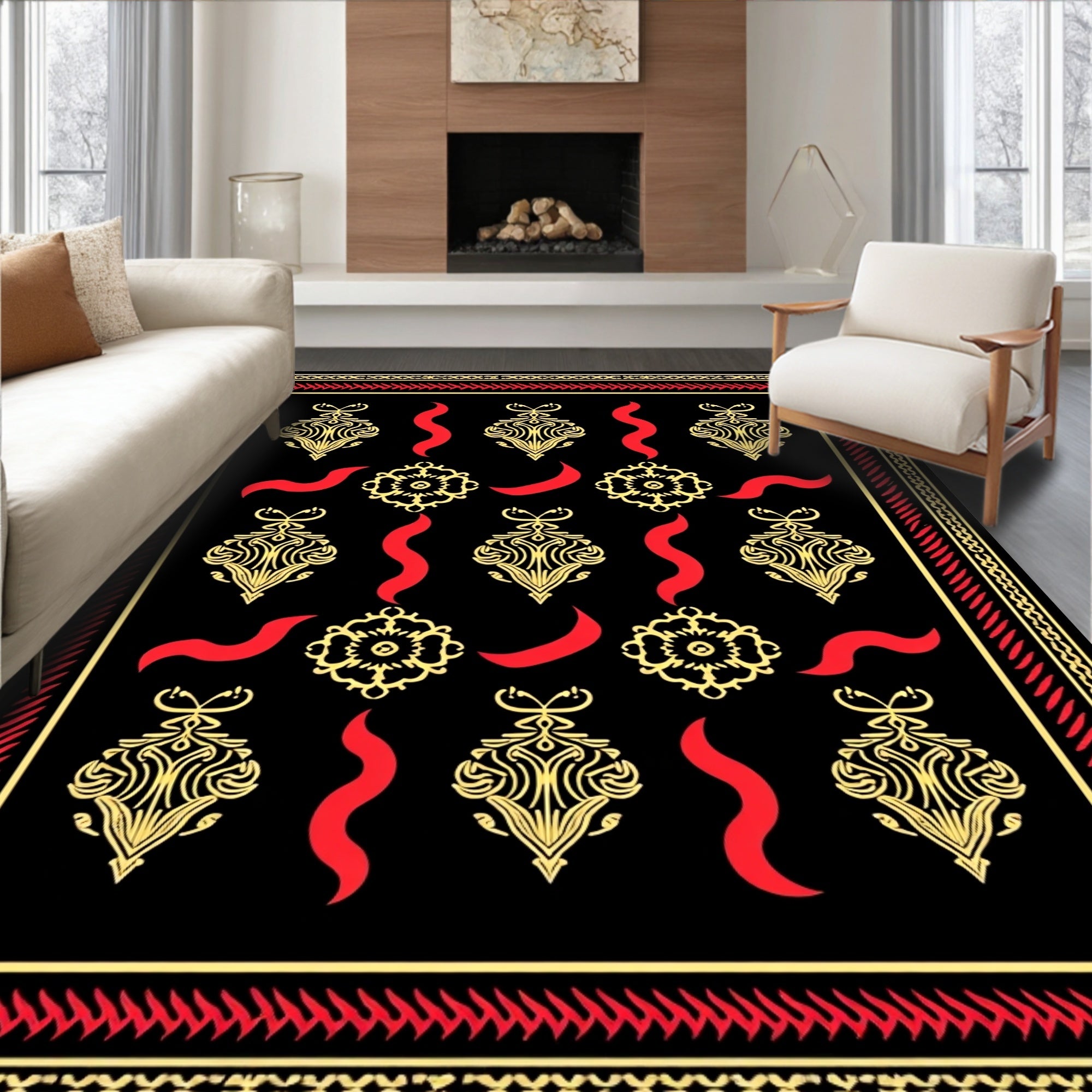 Black Gold Red Ornate Flourish Swirl Rug