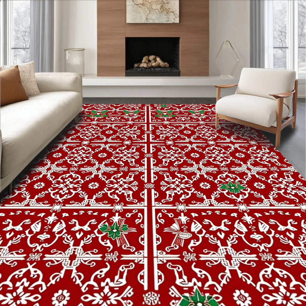 Elegant Red White Scrollwork Festive Gift Rug