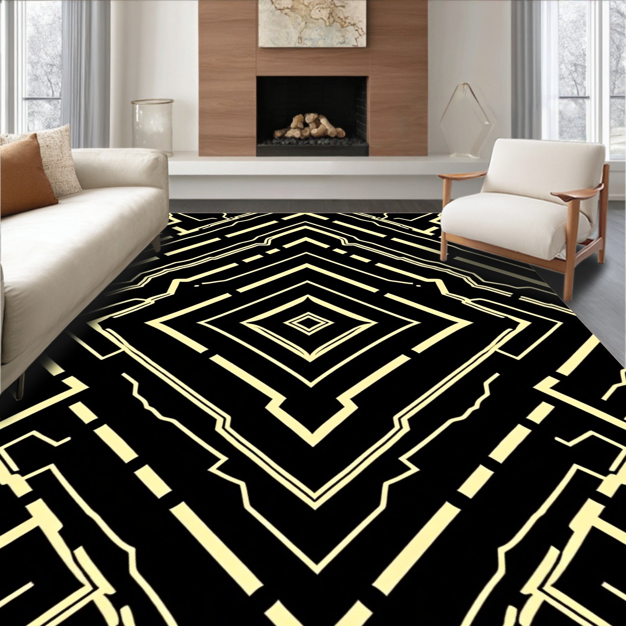 Black Yellow Art Deco Diamond Rug