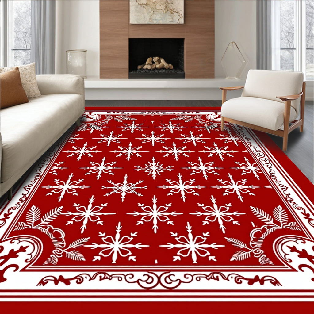 White Snowflakes On Crimson Red Field Rug