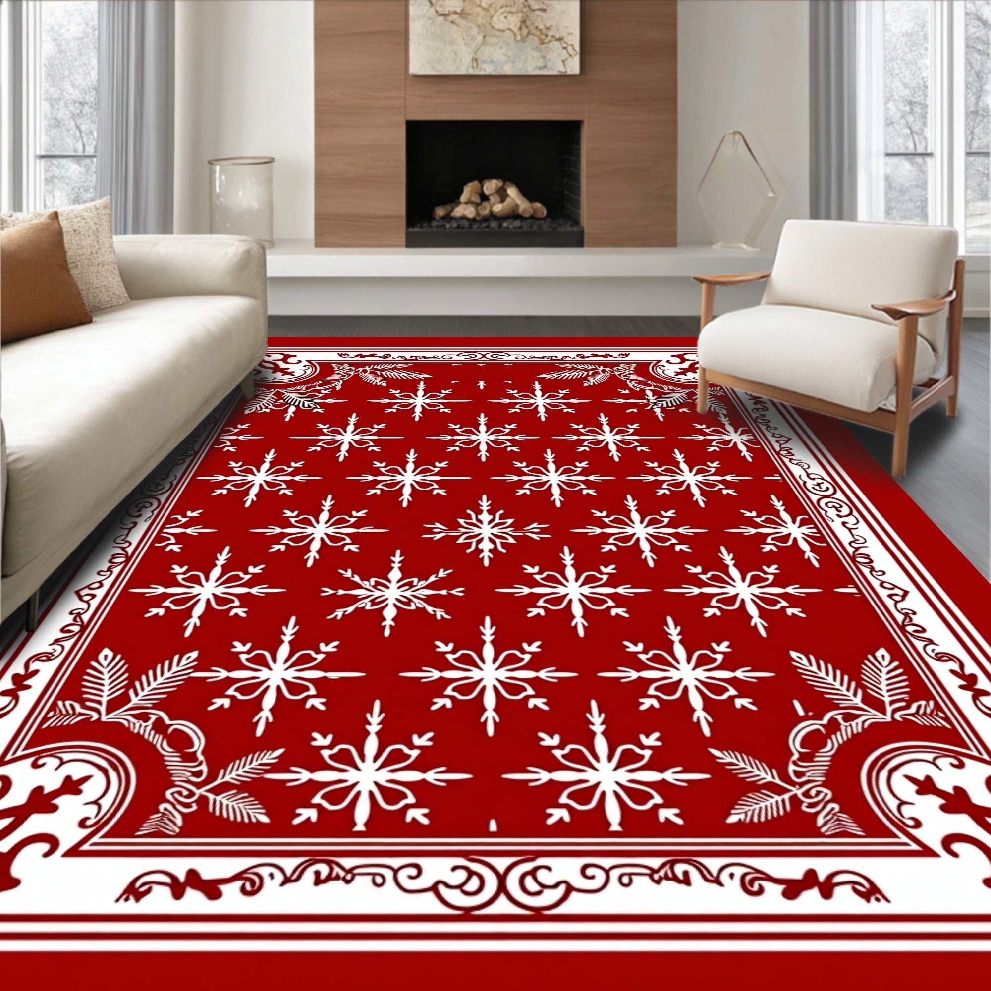 White Snowflakes On Crimson Red Field Rug